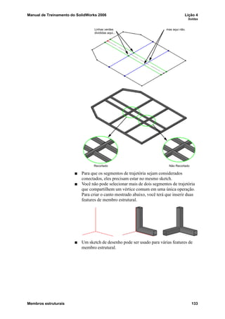 Manual de Treinamento do SolidWorks 2006 Lição 4
Soldas
Membros estruturais 133
Para que os segmentos de trajetória sejam considerados
conectados, eles precisam estar no mesmo sketch.
Você não pode selecionar mais de dois segmentos de trajetória
que compartilhem um vértice comum em uma única operação.
Para criar o canto mostrado abaixo, você terá que inserir duas
features de membro estrutural.
Um sketch de desenho pode ser usado para várias features de
membro estrutural.
Linhas verdes mas aqui não.
Recortado Não Recortado
divididas aqui...
 