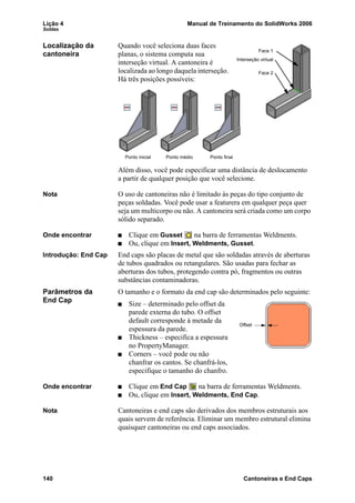 Lição 4 Manual de Treinamento do SolidWorks 2006
Soldas
140 Cantoneiras e End Caps
Localização da
cantoneira
Quando você seleciona duas faces
planas, o sistema computa sua
interseção virtual. A cantoneira é
localizada ao longo daquela interseção.
Há três posições possíveis:
Além disso, você pode especificar uma distância de deslocamento
a partir de qualquer posição que você selecione.
Nota O uso de cantoneiras não é limitado às peças do tipo conjunto de
peças soldadas. Você pode usar a featurera em qualquer peça quer
seja um multicorpo ou não. A cantoneira será criada como um corpo
sólido separado.
Onde encontrar Clique em Gusset na barra de ferramentas Weldments.
Ou, clique em Insert, Weldments, Gusset.
Introdução: End Cap End caps são placas de metal que são soldadas através de aberturas
de tubos quadrados ou retangulares. São usadas para fechar as
aberturas dos tubos, protegendo contra pó, fragmentos ou outras
substâncias contaminadoras.
Parâmetros da
End Cap
O tamanho e o formato da end cap são determinados pelo seguinte:
Size – determinado pelo offset da
parede externa do tubo. O offset
default corresponde à metade da
espessura da parede.
Thickness – especifica a espessura
no PropertyManager.
Corners – você pode ou não
chanfrar os cantos. Se chanfrá-los,
especifique o tamanho do chanfro.
Onde encontrar Clique em End Cap na barra de ferramentas Weldments.
Ou, clique em Insert, Weldments, End Cap.
Nota Cantoneiras e end caps são derivados dos membros estruturais aos
quais servem de referência. Eliminar um membro estrutural elimina
quaisquer cantoneiras ou end caps associados.
Interseção virtual
Face 1
Face 2
Ponto inicial Ponto médio Ponto final
Offset
 
