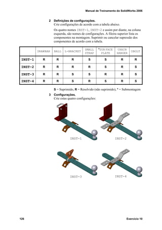 Manual de Treinamento do SolidWorks 2006
126 Exercício 10
2 Definições de configurações.
Crie configurações de acordo com a tabela abaixo.
Os quatro nomes INST-1, INST-2 e assim por diante, na coluna
esquerda, são nomes de configurações. A fileira superior lista os
componentes na montagem. Suprimir ou cancelar supressão dos
componentes de acordo com a tabela.
S = Suprimido, R = Resolvido (não suprimido), * = Submontagem
3 Configurações.
Crie estas quatro configurações:
DRAWBAR BALL L-BRACKET
SMALL
STRAP
*SUB FACE
PLATE
CHAIN
HANGER
UBOLT
INST-1 R R R S S R R
INST-2 R R R R S R S
INST-3 R R S S R R S
INST-4 R R S R S R S
INST-1 INST-2
INST-3 INST-4
 