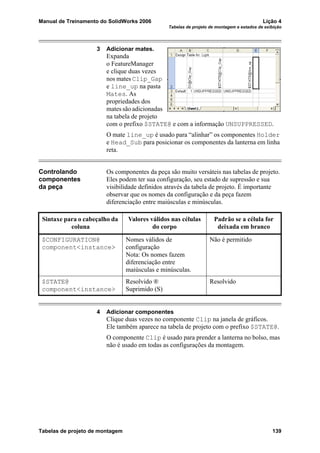 Manual de Treinamento do SolidWorks 2006 Lição 4
Tabelas de projeto de montagem e estados de exibição
Tabelas de projeto de montagem 139
3 Adicionar mates.
Expanda
o FeatureManager
e clique duas vezes
nos mates Clip_Gap
e line_up na pasta
Mates. As
propriedades dos
mates são adicionadas
na tabela de projeto
com o prefixo $STATE@ e com a informação UNSUPPRESSED.
O mate line_up é usado para “alinhar” os componentes Holder
e Head_Sub para posicionar os componentes da lanterna em linha
reta.
Controlando
componentes
da peça
Os componentes da peça são muito versáteis nas tabelas de projeto.
Eles podem ter sua configuração, seu estado de supressão e sua
visibilidade definidos através da tabela de projeto. É importante
observar que os nomes da configuração e da peça fazem
diferenciação entre maiúsculas e minúsculas.
4 Adicionar componentes
Clique duas vezes no componente Clip na janela de gráficos.
Ele também aparece na tabela de projeto com o prefixo $STATE@.
O componente Clip é usado para prender a lanterna no bolso, mas
não é usado em todas as configurações da montagem.
Sintaxe para o cabeçalho da
coluna
Valores válidos nas células
do corpo
Padrão se a célula for
deixada em branco
$CONFIGURATION@
component<instance>
Nomes válidos de
configuração
Nota: Os nomes fazem
diferenciação entre
maiúsculas e minúsculas.
Não é permitido
$STATE@
component<instance>
Resolvido ®
Suprimido (S)
Resolvido
 