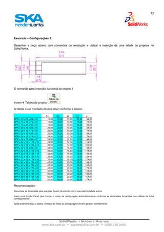 SolidWorks - Moldes e Matrizes
www.ska.com.br • suporte@ska.com.br • 0800 510 2900
73
Exercício – Configurações 1
Desenhar a peça abaixo com comandos de revolução e utilizar a inserção de uma tabela de projetos no
SolidWorks.
O comando para inserção da tabela de projeto é
Inserir Tabela de projeto .
A tabela a ser montada deverá estar conforme a abaixo.
D1 D2 M L2 L1
BPR x 15 x 25 x 64 x 10 15,00 20,00 10,00 25,00 64,00
BPR x 15 x 15 x 74 x 10 15,00 20,00 10,00 15,00 74,00
BPR x 15 x 25 x 94 x 10 15,00 20,00 10,00 25,00 94,00
BPR x 20 x 15 x 64 x 10 20,00 26,00 10,00 15,00 64,00
BPR x 20 x 15 x 74 x 10 20,00 26,00 10,00 15,00 74,00
BPR x 20 x 15 x 94 x 10 20,00 26,00 10,00 15,00 94,00
BPR x 24 x 15 x 74 x 12 24,00 30,00 12,00 15,00 74,00
BPR x 24 x 15 x 94 x 12 24,00 30,00 12,00 15,00 94,00
BPR x 24 x 15 x 114 x 12 24,00 30,00 12,00 15,00 114,00
BPR x 32 x 18 x 104 x 12 32,00 42,00 12,00 18,00 104,00
BPR x 32 x 18 x 94 x 16 32,00 42,00 16,00 18,00 94,00
BPR x 32 x 18 x 114 x 16 32,00 42,00 16,00 18,00 114,00
BPR x 32 x 18 x 134 x 16 32,00 42,00 16,00 18,00 134,00
BPR x 32 x 18 x 154 x 16 32,00 42,00 16,00 18,00 154,00
BPR x 32 x 18 x 174 x 16 32,00 42,00 16,00 18,00 174,00
BPR x 42 x 38 x 134 x 20 42,00 54,00 20,00 38,00 134,00
BPR x 42 x 38 x 154 x 20 42,00 54,00 20,00 38,00 154,00
BPR x 42 x 38 x 174 x 20 42,00 54,00 20,00 38,00 174,00
BPR x 50 x 38 x 114 x 16 50,00 60,00 16,00 38,00 114,00
BPR x 50 x 38 x 134 x 20 50,00 60,00 20,00 38,00 134,00
BPR x 50 x 38 x 154 x 20 50,00 60,00 20,00 38,00 154,00
BPR x 50 x 38 x 174 x 20 50,00 60,00 20,00 38,00 174,00
Recomendações:
Renomeie as dimensões para que elas fiquem de acordo com o que está na tabela acima.
Insira uma função Excel para formar o nome da configuração automaticamente conforme as dimensões fornecidas nas células da linha
correspondente.
Após preencher toda a tabela, verifique se todas as configurações foram geradas corretamente.
 