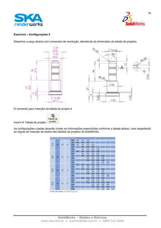 SolidWorks - Moldes e Matrizes
www.ska.com.br • suporte@ska.com.br • 0800 510 2900
74
Exercício – Configurações 2
Desenhar a peça abaixo com comandos de revolução, atendendo às dimensões da tabela de projetos.
O comando para inserção da tabela de projeto é
Inserir Tabela de projeto .
As configurações criadas deverão conter as informações preenchidas conforme a tabela abaixo, mas respeitando
as regras de inserção de dados das tabelas de projetos do SolidWorks.
 