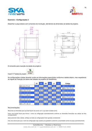 SolidWorks - Moldes e Matrizes
www.ska.com.br • suporte@ska.com.br • 0800 510 2900
76
Exercício – Configurações 3
Desenhar a peça abaixo com comandos de revolução, atendendo às dimensões da tabela de projetos.
O comando para inserção da tabela de projeto é
Inserir Tabela de projeto .
As configurações criadas deverão conter as informações preenchidas conforme a tabela abaixo, mas respeitando
as regras de inserção de dados das tabelas de projetos do SolidWorks.
D1 D3 D4 L4 L1 L2 Código
BEX x 9 x 17 x 4 15,00 20,00 25,00 4,00 9,00 17,00 BEX x 9 x 17 x 4
BEX x 12 x 17 x 4 15,00 20,00 25,00 4,00 12,00 17,00 BEX x 12 x 17 x 4
BEX x 12 x 17 x 6 20,00 26,00 31,00 6,00 12,00 17,00 BEX x 12 x 17 x 6
BEX x 12 x 22 x 6 20,00 26,00 31,00 6,00 12,00 22,00 BEX x 12 x 22 x 6
BEX x 17 x 22 x 6 24,00 30,00 35,00 6,00 17,00 22,00 BEX x 17 x 22 x 6
BEX x 17 x 27 x 6 24,00 30,00 35,00 6,00 17,00 27,00 BEX x 17 x 27 x 6
BEX x 22 x 27 x 6 24,00 30,00 35,00 6,00 22,00 27,00 BEX x 22 x 27 x 6
BEX x 27 x 36 x 6 32,00 42,00 47,00 6,00 27,00 36,00 BEX x 27 x 36 x 6
BEX x 27 x 36 x 6 32,00 42,00 47,00 6,00 27,00 36,00 BEX x 27 x 36 x 6
Recomendações:
Renomeie as dimensões para que elas fiquem de acordo com o que está na tabela acima.
Insira uma função Excel para formar o nome da configuração automaticamente conforme as dimensões fornecidas nas células da linha
correspondente.
Após preencher toda a tabela, verifique se todas as configurações foram geradas corretamente.
Crie uma coluna para que o nome da configuração seja copiado por igualdade e preencha a propriedade número da peça automaticamente.
 