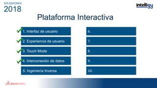 Plataforma Interactiva
1. Interfaz de usuario
3. Touch Mode
4. Interconexión de datos
4.
6.
7.
8.
9.
10.
SOLIDWORKS
2018
2. Experiencia de usuario
5. Ingeniería Inversa
 
