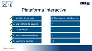 Plataforma Interactiva
1. Interfaz de usuario
3. Touch Mode
4. Interconexión de datos
5. Ingeniería Inversa
5.
7.
8.
9.
10.
SOLIDWORKS
2018
2. Experiencia de usuario
6. SheetMetal / Weldments
 