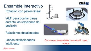Rotación con patrón lineal
‘ALT’ para ocultar caras
durante las relaciones de
posición
Relaciones desalineadas
Líneas explosionadas
inteligente
Construye ensambles mas rápido que
nunca
Ensamble Interactivo
 