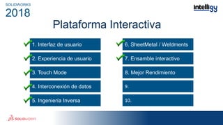 Plataforma Interactiva
1. Interfaz de usuario
3. Touch Mode
4. Interconexión de datos
5. Ingeniería Inversa
6. SheetMetal / Weldments
7. Ensamble interactivo
7.
9.
10.
SOLIDWORKS
2018
2. Experiencia de usuario
8. Mejor Rendimiento
 