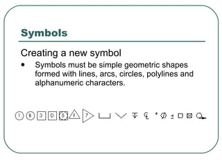 Symbols Creating a new symbol Symbols must be simple geometric shapes formed with lines, arcs, circles, polylines and alphanumeric characters. 