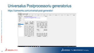 23
3DS.COM/SOLIDWORKS©DassaultSystèmes|ConfidentialInformation|6/8/2018|ref.:3DS_Document_2015
https://camworks.com/universal-post-generator/
Universalus Postprocessoriu generatorius
 