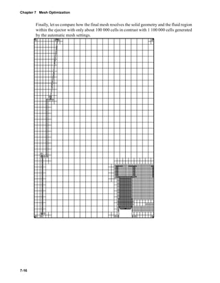 Chapter 7 Mesh Optimization 
7-16 
Finally, let us compare how the final mesh resolves the solid geometry and the fluid region 
within the ejector with only about 100 000 cells in contrast with 1 100 000 cells generated 
by the automatic mesh settings. 
 