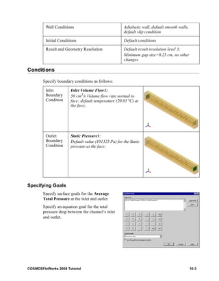 Wall Conditions Adiabatic wall, default smooth walls, 
Initial Conditions Default conditions 
Result and Geometry Resolution Default result resolution level 3; 
Conditions 
Specify boundary conditions as follows: 
Inlet 
Boundary 
Condition 
Outlet 
Boundary 
Condition 
Specifying Goals 
Inlet Volume Flow1: 
50 cm3/s Volume flow rate normal to 
face; default temperature (20.05 °C) at 
the face; 
Static Pressure1: 
Default value (101325 Pa) for the Static 
pressure at the face; 
Specify surface goals for the Average 
Total Pressure at the inlet and outlet. 
Specify an equation goal for the total 
pressure drop between the channel’s inlet 
and outlet. 
default slip condition 
Minimum gap size=0.25 cm, no other 
changes 
COSMOSFloWorks 2008 Tutorial 10-3 
 