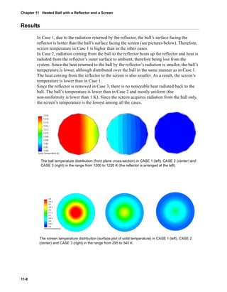 Chapter 11 Heated Ball with a Reflector and a Screen 
Results 
11-8 
In Case 1, due to the radiation returned by the reflector, the ball’s surface facing the 
reflector is hotter than the ball’s surface facing the screen (see pictures below). Therefore, 
screen temperature in Case 1 is higher than in the other cases. 
In Case 2, radiation coming from the ball to the reflector heats up the reflector and heat is 
radiated from the reflector’s outer surface to ambient, therefore being lost from the 
system. Since the heat returned to the ball by the reflector’s radiation is smaller, the ball’s 
temperature is lower, although distributed over the ball in the same manner as in Case 1. 
The heat coming from the reflector to the screen is also smaller. As a result, the screen’s 
temperature is lower than in Case 1. 
Since the reflector is removed in Case 3, there is no noticeable heat radiated back to the 
ball. The ball’s temperature is lower than in Case 2 and mostly uniform (the 
non-uniformity is lower than 1 K). Since the screen acquires radiation from the ball only, 
the screen’s temperature is the lowest among all the cases. 
The ball temperature distribution (front plane cross-section) in CASE 1 (left), CASE 2 (center) and 
CASE 3 (right) in the range from 1200 to 1220 K (the reflector is arranged at the left). 
The screen temperature distribution (surface plot of solid temperature) in CASE 1 (left), CASE 2 
(center) and CASE 3 (right) in the range from 295 to 340 K. 
 