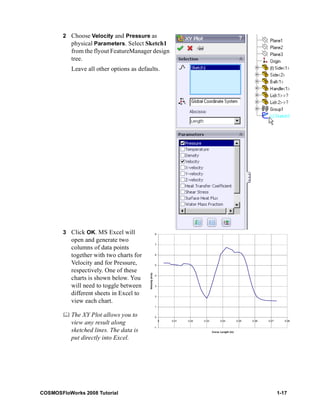 2 Choose Velocity and Pressure as 
physical Parameters. Select Sketch1 
from the flyout FeatureManager design 
tree. 
Leave all other options as defaults. 
3 Click OK. MS Excel will 
open and generate two 
columns of data points 
together with two charts for 
Velocity and for Pressure, 
respectively. One of these 
charts is shown below. You 
will need to toggle between 
different sheets in Excel to 
view each chart. 
	 The XY Plot allows you to 
view any result along 
sketched lines. The data is 
put directly into Excel. 
8 
7 
6 
5 
4 
3 
2 
1 
0 
-1 
0 0.01 0.02 0.03 0.04 0.05 0.06 0.07 0.08 
Curve Length (m) 
Velocity (m/s) 
COSMOSFloWorks 2008 Tutorial 1-17 
 