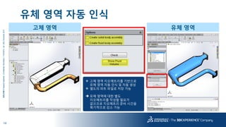 14
3DS.COM©DassaultSystèmes|ConfidentialInformation|11/24/2015|ref.:3DS_Document_2015
유체 영역 자동 인식
고체 영역 유체 영역
 고체 영역 지오메트리를 기반으로
유체 영역 자동 인식 및 자동 생성
 별도의 파트 파일로 저장 가능
 유체 영역에 대한 별도
지오메트리를 작성할 필요가
없으므로 지오메트리 준비 시간을
획기적으로 감소 가능
 