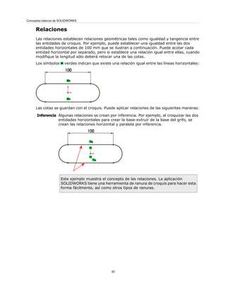 Relaciones
Las relaciones establecen relaciones geométricas tales como igualdad y tangencia entre
las entidades de croquis. Por ejemplo, puede establecer una igualdad entre las dos
entidades horizontales de 100 mm que se ilustran a continuación. Puede acotar cada
entidad horizontal por separado, pero si establece una relación igual entre ellas, cuando
modifique la longitud sólo deberá retocar una de las cotas.
Los símbolos verdes indican que existe una relación igual entre las líneas horizontales:
Las cotas se guardan con el croquis. Puede aplicar relaciones de las siguientes maneras:
Algunas relaciones se crean por inferencia. Por ejemplo, al croquizar las dos
entidades horizontales para crear la base-extruir de la base del grifo, se
crean las relaciones horizontal y paralela por inferencia.
Este ejemplo muestra el concepto de las relaciones. La aplicación
SOLIDWORKS tiene una herramienta de ranura de croquis para hacer esta
forma fácilmente, así como otros tipos de ranuras.
Inferencia
30
Conceptos básicos de SOLIDWORKS
 