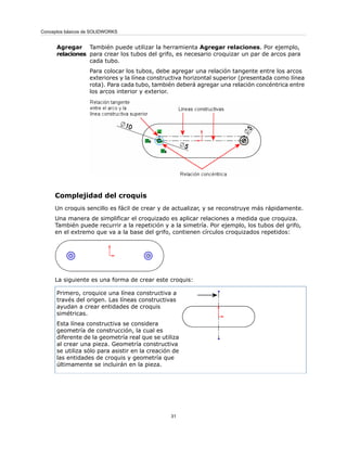También puede utilizar la herramienta Agregar relaciones. Por ejemplo,
para crear los tubos del grifo, es necesario croquizar un par de arcos para
cada tubo.
Para colocar los tubos, debe agregar una relación tangente entre los arcos
exteriores y la línea constructiva horizontal superior (presentada como línea
rota). Para cada tubo, también deberá agregar una relación concéntrica entre
los arcos interior y exterior.
Agregar
relaciones
Complejidad del croquis
Un croquis sencillo es fácil de crear y de actualizar, y se reconstruye más rápidamente.
Una manera de simplificar el croquizado es aplicar relaciones a medida que croquiza.
También puede recurrir a la repetición y a la simetría. Por ejemplo, los tubos del grifo,
en el extremo que va a la base del grifo, contienen círculos croquizados repetidos:
La siguiente es una forma de crear este croquis:
Primero, croquice una línea constructiva a
través del origen. Las líneas constructivas
ayudan a crear entidades de croquis
simétricas.
Esta línea constructiva se considera
geometría de construcción, la cual es
diferente de la geometría real que se utiliza
al crear una pieza. Geometría constructiva
se utiliza sólo para asistir en la creación de
las entidades de croquis y geometría que
últimamente se incluirán en la pieza.
31
Conceptos básicos de SOLIDWORKS
 