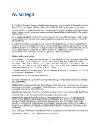 Aviso legal
© 1995-2015, Dassault Systemes SolidWorks Corporation, una compañía de Dassault Systemes
S.A., 175 Wyman Street, Waltham, Mass. 02451 EE. UU. Reservados todos los derechos.
La información y el software contenidos en este documento están sujetos a cambio sin previo
aviso y no representan un compromiso por parte de Dassault Systèmes SolidWorks Corporation
(DS SolidWorks).
No se puede reproducir ni transmitir ningún material de ninguna forma, ni por ningún medio,
ya sea electrónico o manual, con ningún propósito, sin la previa autorización por escrito de
DS SolidWorks.
El software descrito en este documento se suministra bajo licencia y sólo se puede utilizar o
copiar de acuerdo con los términos de la misma. Todas las garantías proporcionadas por DS
SolidWorks relativas al software y la documentación se establecen en el Contrato de licencia,
y nada de lo indicado o implícito en este documento o su contenido se considerará una
modificación de los términos, incluidas las garantías, de dicho contrato.
Avisos sobre patentes
SOLIDWORKS®
El software CAD mecánico en 3D está protegido por las siguientes patentes de
EE. UU.: 5,815,154; 6,219,049; 6,219,055; 6,611,725; 6,844,877; 6,898,560; 6,906,712;
7,079,990; 7,477,262; 7,558,705; 7,571,079; 7,590,497; 7,643,027; 7,672,822; 7,688,318;
7,694,238; 7,853,940; 8,305,376; 8,581,902; 8,817,028, 8,910,078 y patentes extranjeras
(como por ejemplo, EP 1.116.190 B1 y JP 3.517.643).
El software eDrawings®
está protegido por las patentes de EE. UU. 7.184.044 y 7.502.027, y
por la patente canadiense 2.318.706.
Patentes de EE.UU. y extranjeras pendientes.
Marcas comerciales y nombres de productos para los productos y servicios
SOLIDWORKS
SOLIDWORKS, 3D ContentCentral, 3D PartStream.NET, eDrawings y el logotipo de eDrawings
son marcas comerciales registradas y FeatureManager es una marca comercial registrada con
propiedad conjunta de DS SolidWorks.
CircuitWorks, FloXpress, PhotoView 360 y TolAnalyst son marcas comerciales de DS SolidWorks.
FeatureWorks es una marca comercial registrada de Geometric Ltd.
SOLIDWORKS 2016, SOLIDWORKS Standard, SOLIDWORKS Professional, SOLIDWORKS
Premium, SOLIDWORKS PDM Professional, SOLIDWORKS PDM Standard, SOLIDWORKS
Workgroup PDM, SOLIDWORKS Simulation, SOLIDWORKS Flow Simulation, eDrawings,
eDrawings Professional, SOLIDWORKS Sustainability, SOLIDWORKS Plastics, SOLIDWORKS
Electrical, SOLIDWORKS Composer y SOLIDWORKS MBD son nombres de productos de DS
SolidWorks.
Otras marcas y nombres de productos son marcas registradas de sus respectivos propietarios.
SOFTWARE COMERCIAL DE COMPUTADORA - PATENTADO
6
 