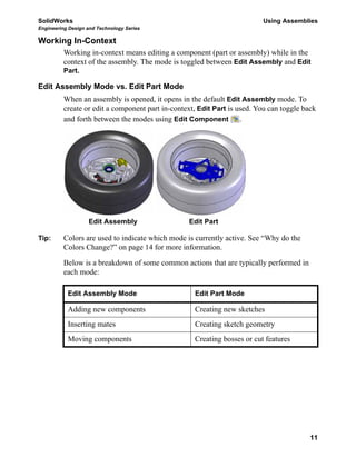 SolidWorks Using Assemblies
Engineering Design and Technology Series
11
Working In-Context
Working in-context means editing a component (part or assembly) while in the
context of the assembly. The mode is toggled between Edit Assembly and Edit
Part.
Edit Assembly Mode vs. Edit Part Mode
When an assembly is opened, it opens in the default Edit Assembly mode. To
create or edit a component part in-context, Edit Part is used. You can toggle back
and forth between the modes using Edit Component .
Tip: Colors are used to indicate which mode is currently active. See “Why do the
Colors Change?” on page 14 for more information.
Below is a breakdown of some common actions that are typically performed in
each mode:
Edit Assembly Mode Edit Part Mode
Adding new components Creating new sketches
Inserting mates Creating sketch geometry
Moving components Creating bosses or cut features
Edit Assembly Edit Part
 