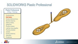 16 
3DS.COM© Dassault Systèmes| Confidential Information | 11/25/2014| ref.: 3DS_Document_2013 
SOLIDWORKS Plastic Professional 
Plastic Professional 
(Filling + Packing) 
Susitraukimas; 
Keli lizdai; 
Kanalų balansavimas; 
Bendras liejimas; 
Įdėtinių detalių apliejimas; 
Pluošto analizė; 
Liejimas dujų pagalba; 
Paviršių kokybės analizė; 
Kanalų sistemos; 
Sklendės; 
Purškimas.  