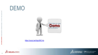 4
3DS.COM/SOLIDWORKS©DassaultSystèmes|ConfidentialInformation|1/11/2016|ref.:3DS_Document_2012
DEMO
https://youtu.be/Ulgo30iC-4o
Click Here to view
for the
demonstration
 