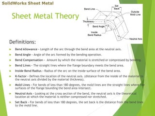 Sheet Metal Theory
Definitions:
 Bend Allowance – Length of the arc through the bend area at the neutral axis.
 Bend Angle – Angle of the arc formed by the bending operation.
 Bend Compensation – Amount by which the material is stretched or compressed by bending.
 Bend Lines – The straight lines where the flange boundary meets the bend area.
 Inside Bend Radius – Radius of the arc on the inside surface of the bend area.
 K-factor – Defines the location of the neutral axis. (distance from the inside of the material to
the neutral axis divided by the material thickness).
 Mold Lines – For bends of less than 180 degrees, the mold lines are the straight lines where the
surfaces of the flange bounding the bend area intersect.
 Neutral Axis – Looking at the cross section of the bend, the neutral axis is the theoretical
location at which the material is neither compressed nor stretched.
 Set Back - For bends of less than 180 degrees, the set back is the distance from the bend lines
to the mold line.
 