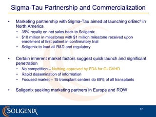Sigma-Tau Partnership and Commercialization  Marketing partnership with Sigma-Tau aimed at launching orBec ®  in North America 35% royalty on net sales back to Soligenix $10 million in milestones with $1 million milestone received upon enrollment of first patient in confirmatory trial Soligenix to lead all R&D and regulatory Certain inherent market factors suggest quick launch and significant penetration No competition –  Nothing approved by FDA for GI GVHD  Rapid dissemination of information Focused market – 15 transplant centers do 60% of all transplants  Soligenix seeking marketing partners in Europe and ROW 