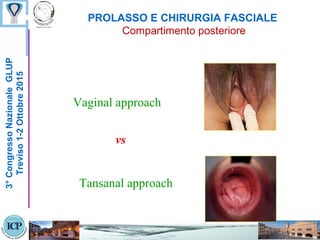 PROLASSO E CHIRURGIA FASCIALE
Compartimento posteriore
3°CongressoNazionaleGLUP
Treviso1-2Ottobre2015
vs
Vaginal approach
Tansanal approach
 