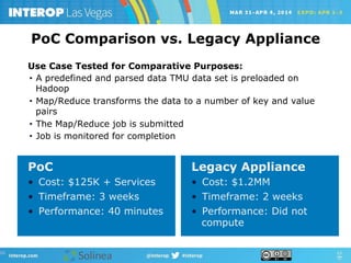 PoC Comparison vs. Legacy Appliance
PoC
•  Cost: $125K + Services
•  Timeframe: 3 weeks
•  Performance: 40 minutes
Legacy Appliance
•  Cost: $1.2MM
•  Timeframe: 2 weeks
•  Performance: Did not
compute
Use Case Tested for Comparative Purposes:
•  A predefined and parsed data TMU data set is preloaded on
Hadoop
•  Map/Reduce transforms the data to a number of key and value
pairs
•  The Map/Reduce job is submitted
•  Job is monitored for completion
 