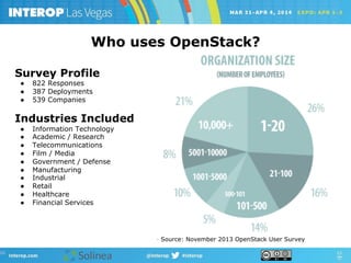Survey Profile
●  822 Responses
●  387 Deployments
●  539 Companies
Industries Included
●  Information Technology
●  Academic / Research
●  Telecommunications
●  Film / Media
●  Government / Defense
●  Manufacturing
●  Industrial
●  Retail
●  Healthcare
●  Financial Services
Who uses OpenStack?
Source: November 2013 OpenStack User Survey
 