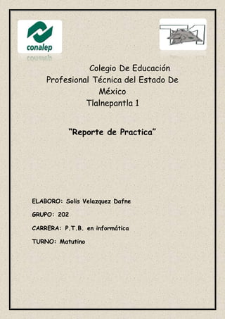 Colegio De Educación
Profesional Técnica del Estado De
México
Tlalnepantla 1
“Reporte de Practica”
ELABORO: Solis Velazquez Dafne
GRUPO: 202
CARRERA: P.T.B. en informática
TURNO: Matutino
 