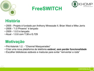 CONFIDENCIAL
• 2005 - Projeto é fundado por Anthony Minessale II, Brian West e Mike Jerris
• 2008 - “1.0 Phoenix” é lançado
• 2009 - 1.0.5 é lançado
• Atual - 1.0.6 com T.38 e G.729
• Pré Asterisk 1.2. - “Channel Masquerades”
• Criar uma nova plataforma de telefonia estável, sem perder funcionalidade
• Escolher bibliotecas estáveis e maduras para evitar “reinventar a roda”
FreeSWITCH
História
Motivação
 