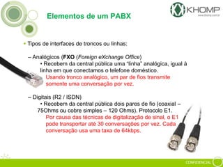 CONFIDENCIAL
Elementos de um PABX
 Tipos de interfaces de troncos ou linhas:
– Analógicos (FXO (Foreign eXchange Office)
• Recebem da central pública uma “linha” analógica, igual à
linha em que conectamos o telefone doméstico.
Usando tronco analógico, um par de fios transmite
somente uma conversação por vez.
– Digitais (R2 / ISDN)
• Recebem da central pública dois pares de fio (coaxial –
75Ohms ou cobre simples – 120 Ohms). Protocolo E1.
Por causa das técnicas de digitalização de sinal, o E1
pode transportar até 30 conversações por vez. Cada
conversação usa uma taxa de 64kbps.
 