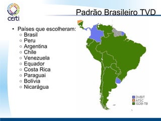 Padrão Brasileiro TVD Países que escolheram: Brasil Peru Argentina Chile Venezuela Equador Costa Rica Paraguai Bolívia Nicarágua 