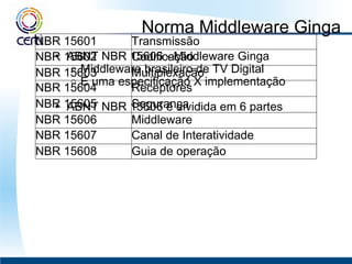 Norma Middleware Ginga ABNT NBR 15606 - Middleware Ginga Middleware brasileiro de TV Digital  É uma especificação X implementação   ABNT NBR 15606 é dividida em 6 partes NBR 15601 Transmissão NBR 15602 Codificação NBR 15603 Multiplexação NBR 15604 Receptores NBR 15605 Segurança NBR 15606 Middleware NBR 15607 Canal de Interatividade NBR 15608 Guia de operação 