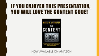 IF YOU ENJOYED THIS PRESENTATION,
YOU WILL LOVE THE CONTENT CODE!
NOW AVAILABLE ON AMAZON
 