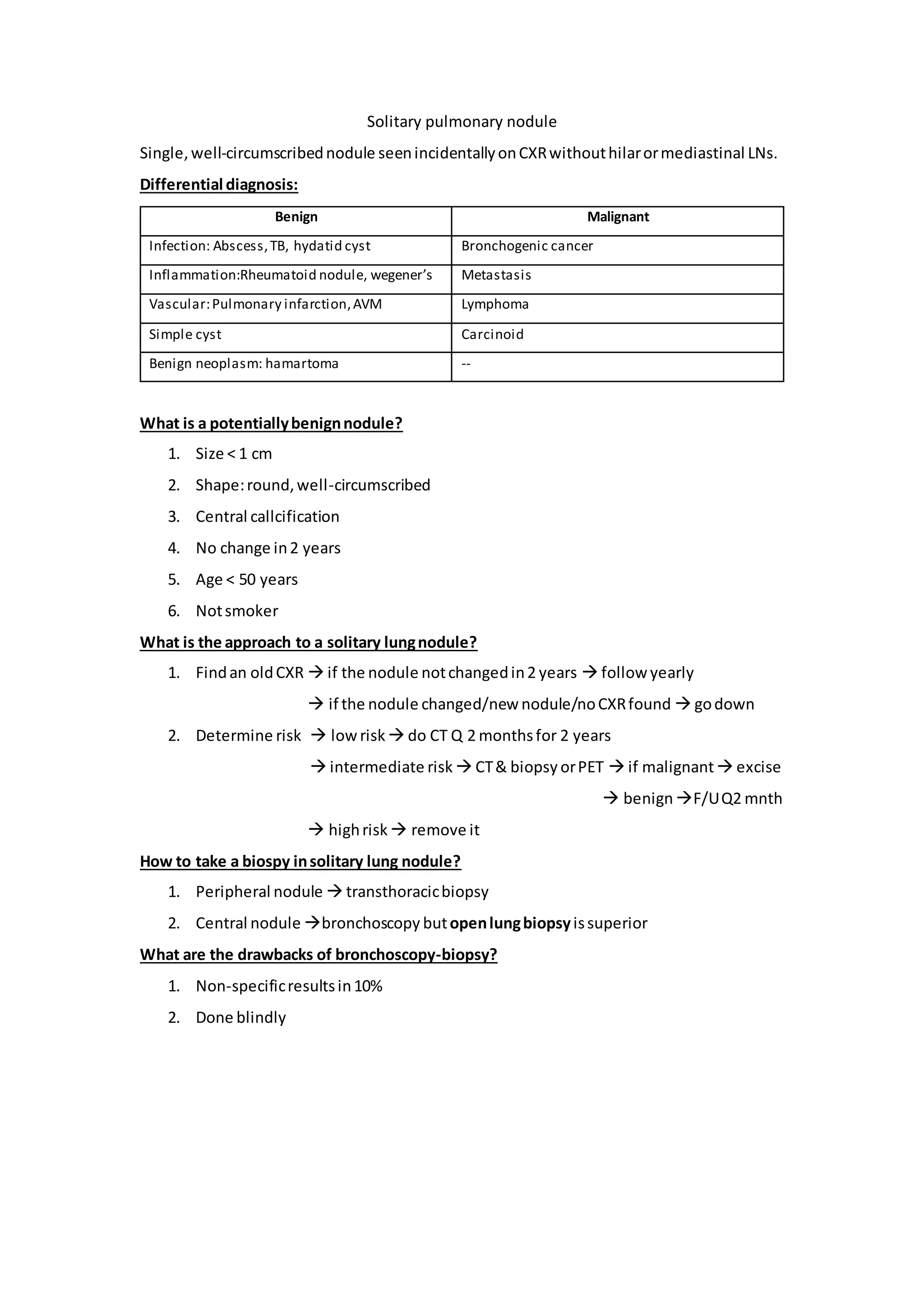 Solitary pulmonary nodule
Single,well-circumscribednodule seenincidentallyonCXRwithouthilarormediastinal LNs.
Differential diagnosis:
Benign Malignant
Infection: Abscess,TB, hydatid cyst Bronchogenic cancer
Inflammation:Rheumatoid nodule, wegener’s Metastasis
Vascular:Pulmonary infarction,AVM Lymphoma
Simple cyst Carcinoid
Benign neoplasm: hamartoma --
What is a potentiallybenignnodule?
1. Size < 1 cm
2. Shape:round,well-circumscribed
3. Central callcification
4. No change in2 years
5. Age < 50 years
6. Notsmoker
What is the approach to a solitary lungnodule?
1. Findan oldCXR if the nodule notchangedin2 years follow yearly
if the nodule changed/new nodule/noCXRfound godown
2. Determine risk lowrisk do CT Q 2 monthsfor 2 years
intermediate risk CT& biopsy orPET if malignant excise
benign F/UQ2 mnth
highrisk remove it
How to take a biospy insolitary lung nodule?
1. Peripheral nodule transthoracicbiopsy
2. Central nodule bronchoscopy butopenlungbiopsyissuperior
What are the drawbacks of bronchoscopy-biopsy?
1. Non-specificresultsin10%
2. Done blindly