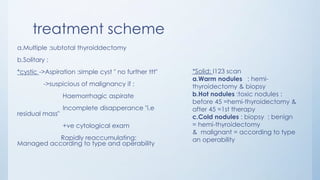 treatment scheme
a.Multiple :subtotal thyroiddectomy
b.Solitary :
*cystic ->Aspiration :simple cyst " no further ttt"
->suspicious of malignancy if :
Haemorrhagic aspirate
Incomplete disapperance "i.e
residual mass"
+ve cytological exam
Rapidly reaccumulating:
Managed according to type and operability
*Solid: I123 scan
a.Warm nodules : hemi-
thyroidectomy & biopsy
b.Hot nodules :toxic nodules :
before 45 =hemi-thyroidectomy &
after 45 =1st therapy
c.Cold nodules : biopsy : benign
= hemi-thyroidectomy
& malignant = according to type
an operability
 