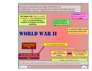 VUS.10a
The student will demonstrate knowledge of World War II by
a) identifying the causes and events that led to American involvement in the war,
including military assistance to Britain and the Japanese attack on Pearl Harbor.
The United States gradually abandoned neutrality as events in Europe and Asia pulled the nations toward war.
U.S. was officially neutral
during the first 2 years of the
War.
War began with Hitler's invasion
of Poland in 1939, followed shortly
after by the Soviet Union's
invasion of Poland & the Baltic
countries.
1-2
Strong isolationist
sentiment in the
U.S.
U.S. increasingly helped Britain.
Gave Britain war
supplies and old naval
warships.
FDR compared it to “lending a garden hose to a next-door
neighbor whose house is on fire”.
Lend-Lease Act
In return for military
bases in Bermuda and
the Caribbean.
Germany pounded
Britain from the air
(the Battle of Britain).
Germany overran
France, & most of
Europe (1940).
In mid-1941, Hitler turned
on his former partner and
invaded the Soviet Union.
WORLD WAR II
 