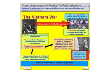 VUS.12b
The student will demonstrate knowledge of the effects of World War II on the home front by
b) explaining the origins of the Cold War, and describing the Truman Doctrine and the policy of containment of
communism, the American role of wars in Korea and Vietnam, and the role of the North Atlantic Treaty
Organization (NATO) in Europe.
7-10
The Vietnam War
American involvement in Vietnam also reﬂected
THE AMERICAN POLICY OF CONTAINMENT OF COMMUNISM.
Opposition to the war
increased, especially on
college campuses.
President Nixon instituted a
policy of Vietnamization.
( 1975) President
Nixon was forced
from office by the
Watergate scandal.
Vietnam bitterly divided the country.
There was support for the
American military and conduct of
the war among many Americans
(1968) President Johnson declined to
seek reelection.
Nixon was elected President on a
pledge to bring the war to an
honorable end.
Vietnamization failed. In 1975 both
North & South Vietnam were merged
under the communist control.
Vietnamization withdrawing
American troops and
replacing them with South
Vietnamese forces while
maintaining military aid to
South Vietnamese troops.
 