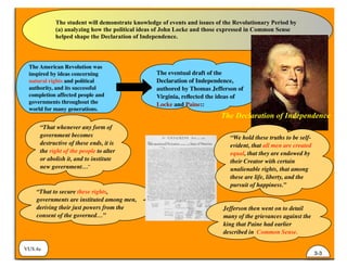 The student will demonstrate knowledge of events and issues of the Revolutionary Period by
(a) analyzing how the political ideas of John Locke and those expressed in Common Sense
helped shape the Declaration of Independence.
The American Revolution was
inspired by ideas concerning
natural rights and political
authority, and its successful
completion affected people and
governments throughout the
world for many generations.
The eventual draft of the
Declaration of Independence,
authored by Thomas Jefferson of
Virginia, reﬂected the ideas of
Locke and Paine::
“That to secure these rights,
governments are instituted among men,
deriving their just powers from the
consent of the governed…”
“That whenever any form of
government becomes
destructive of these ends, it is
the right of the people to alter
or abolish it, and to institute
new government…”
VUS.4a
Jefferson then went on to detail
many of the grievances against the
king that Paine had earlier
described in Common Sense.
“We hold these truths to be self-
evident, that all men are created
equal, that they are endowed by
their Creator with certain
unalienable rights, that among
these are life, liberty, and the
pursuit of happiness.”
3-3
The Declaration of Independence
 