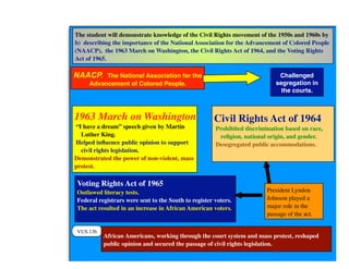 VUS.13b
African Americans, working through the court system and mass protest, reshaped
public opinion and secured the passage of civil rights legislation.
The student will demonstrate knowledge of the Civil Rights movement of the 1950s and 1960s by
b) describing the importance of the National Association for the Advancement of Colored People
(NAACP), the 1963 March on Washington, the Civil Rights Act of 1964, and the Voting Rights
Act of 1965.
Challenged
segregation in
the courts.
NAACP. The National Association for the
Advancement of Colored People.
1963 March on Washington
“I have a dream” speech given by Martin
Luther King.
Helped inﬂuence public opinion to support
civil rights legislation.
Demonstrated the power of non-violent, mass
protest.
Civil Rights Act of 1964
Prohibited discrimination based on race,
religion, national origin, and gender.
Desegregated public accommodations.
Voting Rights Act of 1965
Outlawed literacy tests.
Federal registrars were sent to the South to register voters.
The act resulted in an increase in African American voters.
President Lyndon
Johnson played a
major role in the
passage of the act.
 