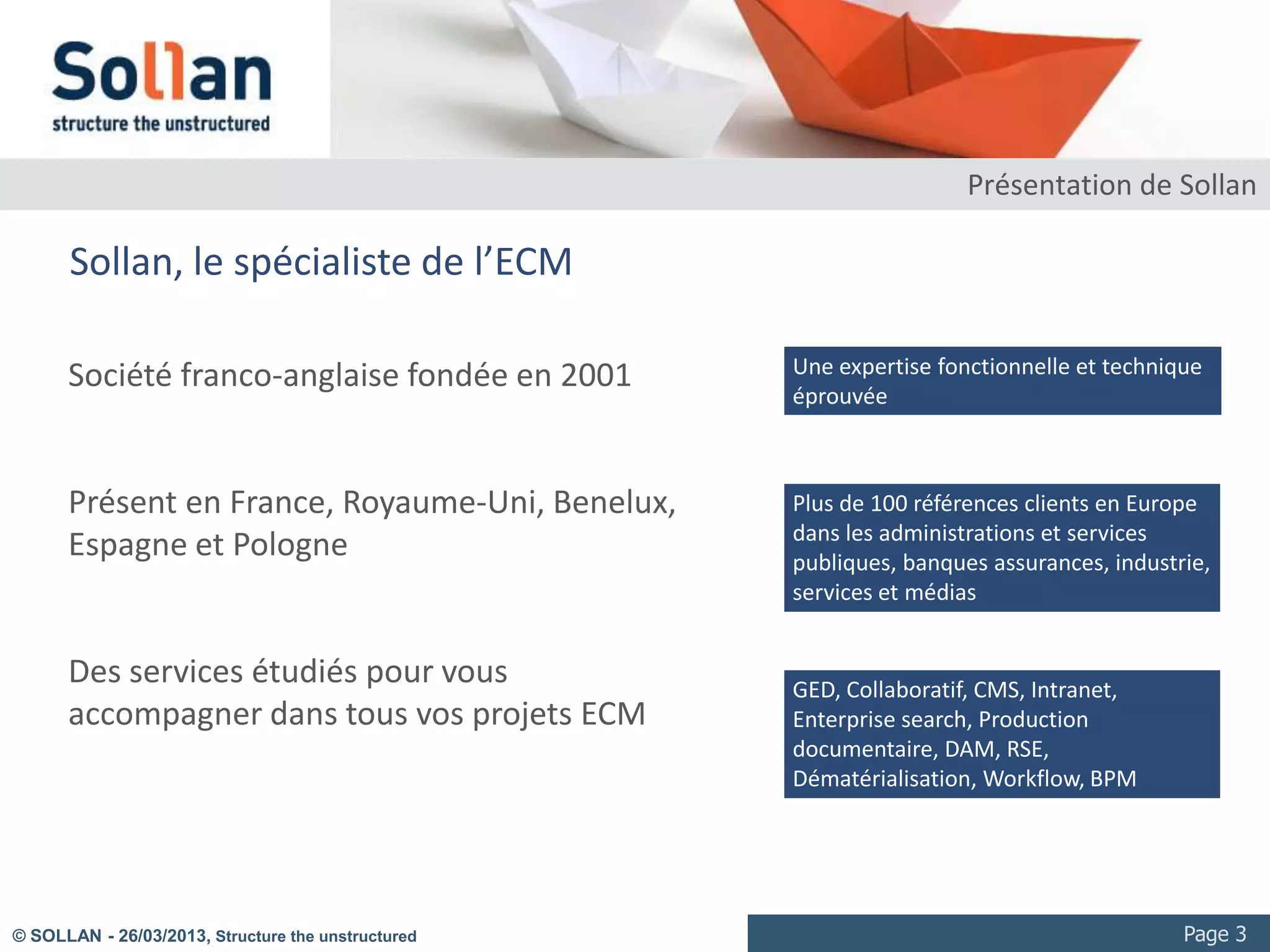 Présentation de Sollan

      Sollan, le spécialiste de l’ECM

      Société franco-anglaise fondée en 2001        Une expertise fonctionnelle et technique
                                                    éprouvée



      Présent en France, Royaume-Uni, Benelux,      Plus de 100 références clients en Europe
                                                    dans les administrations et services
      Espagne et Pologne                            publiques, banques assurances, industrie,
                                                    services et médias


      Des services étudiés pour vous                GED, Collaboratif, CMS, Intranet,
      accompagner dans tous vos projets ECM         Enterprise search, Production
                                                    documentaire, DAM, RSE,
                                                    Dématérialisation, Workflow, BPM




© SOLLAN - 27/03/2013, Structure the unstructured                                         Page 3
 