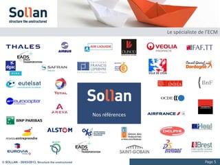 Le spécialiste de l’ECM




                                                                     Facilitateur
                                                                       d’ECM


                                                    Nos références




© SOLLAN - 27/03/2013, Structure the unstructured                                              Page 5
 