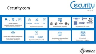 Cecurity.com
Tiers de confiance
Éditeur de solutions innovantes de
dématérialisation conforme
+ +
Des solutions éprouvées
+20 M/an+ 2 000 MM +5 M
Des distinctions inégalées
…
Des références de qualité
Leader de la confiance numérique -
conservation des données
personnelles et critiques
Des solutions déployées dans
27 paysExpert et contributeur actif
• NF Z 42-013
• NF Z 42-020
• NF Z 42-026
• ISO 14 641-1
55 employés
4 sites France + Belgique
 