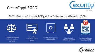 CecurCrypt RGPD
• Coffre-fort numérique du Délégué à la Protection des Données (DPO)
Maîtrise de la
diffusion par le DPO
Preuves numériques
intègres avec date
certaine
Confidentialité par les
chiffrements
Service certifié dans
l’esprit du RGPD
Traçabilité
permettant la piste
d’audit
 