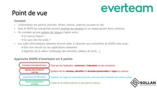 Point de vue Votre logo
• Quel que soit l’application, connexion / indexation via des connecteurs
• Quelque soit les volumes, identifier les données personnelles et typer les contenus
• Modéliser les règles de conservation/sécurité communes pour l’ensemble des contenus gérés
• Conserver de manière pérenne et sécurisée les contenus
Record management et
archivage
Gouvernance de l’information
Connexion à tout type de source
Constat
• L’information est partout (donnée, fichier, interne, externe) souvent en silo
• Avec le RGPD les entreprises doivent prendre les devants en se réappropriant leurs contenus
• On constate qu’une gestion de risques s’opère entre :
Ce que je risque ?
Ce que cela me coûte ?
• Les outils informatiques attendus devront aider à répondre aux contraintes du RGPD mais aussi :
Etre non intrusif sur les applications existantes
Apporter de la valeur (nettoyage des données, tableau de bord,…)
Approche RGPD d’everteam en 4 points
Big data, NLP et Machine
Learning
 