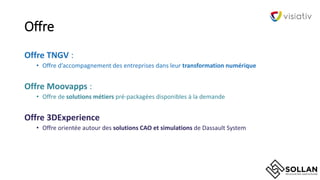 Offre
Offre TNGV :
• Offre d’accompagnement des entreprises dans leur transformation numérique
Offre Moovapps :
• Offre de solutions métiers pré-packagées disponibles à la demande
Offre 3DExperience
• Offre orientée autour des solutions CAO et simulations de Dassault System
 