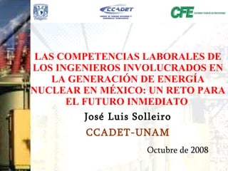 LAS COMPETENCIAS LABORALES DE LOS INGENIEROS INVOLUCRADOS EN LA GENERACIÓN DE ENERGÍA NUCLEAR EN MÉXICO: UN RETO PARA EL FUTURO INMEDIATO   José Luis Solleiro CCADET-UNAM Octubre de 2008 