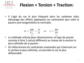 Flexion + Torsion + Traction:
• Il s’agit du cas le plus fréquent dans les systèmes réels
(désaxage des efforts appliqués) Les contraintes que subit la
poutre sont tangentielles et normales.
• La méthode utilisée pour dimensionner ce type de poutre
consiste à faire 2 calculs différents au niveau de la section la
plus sollicitée de la poutre :
• On déterminera les contraintes maximales qui s’exercent sur
la section la plus sollicitée, on prendra le cas le plus
défavorable.
Campus centre
v
Io
Mt
et
S
N
v
I
Mf
Gz
 
7
 