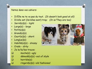 Notez dans vos cahiers:
• Il/Elle ne te va pas du tout. (It doesn’t look good at all)
• Il/elle est (ils/elles sont) trop: (It is/They are too)
• Serré(e)(s) - tight
• Large(s) - large
• Petit(e)(s)
• Grand(e)(s)
• Court(e)(s) - short
• Long(ue)(s)
• Habillé(e)(s) - dressy
• Crado - dirty
• Je le/la/les trouve:
 moche(s) -ugly
 démodé(e)(s) –out of style
 horrible(s)
 ringard(e)(s) –old fashioned
 